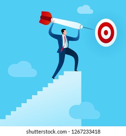 businessman climb the stairs to put a dart in target board. Business concept vector illustration.