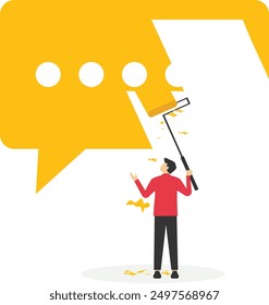 Businessman climb up stepladder to paint a bubble messenger. Productive dialogue or conversation between. Art corporate communication between coworkers, manager and team. Vector illustration.

