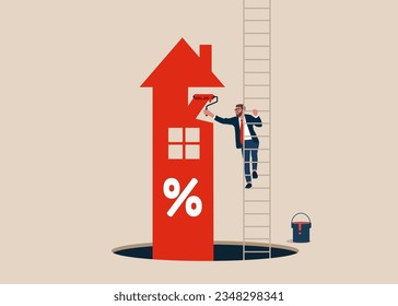 Empresario sube a la escalera para pintar una tasa de crecimiento. Inmobiliaria, inversión, construcción, hipoteca. Ilustración vectorial.