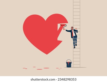 Businessman climb up stepladder to paint a heart. Valentines day concept for banner, website design or landing web page. Modern vector illustration in flat style.