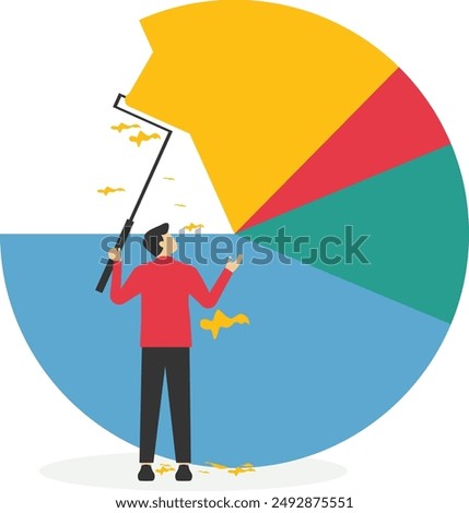Businessman climb up stepladder to paint a pie chart. Rebalancing investment portfolio to suitable for risk and return. Investment asset allocation and rebalance. Vector illustration.

