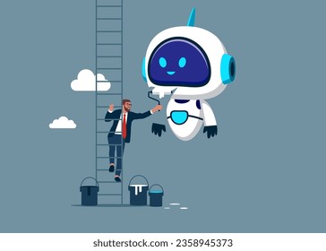 Businessman climb up stepladder and in paint a robot. Vector illustration in flat style.