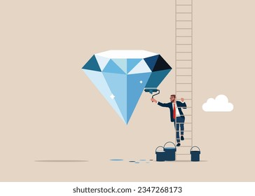 Businessman climb up stepladder to paint a wall symbol of the diamond. Inflation high up. Flat vector illustration