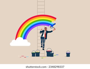 Businessman climb up stepladder to paint a wall picture of a rainbow. Uncommon and unusual plans. Different and unique vision. Business and dreams. Vector illustration