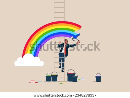 Businessman climb up stepladder to paint a wall picture of a rainbow. Uncommon and unusual plans. Different and unique vision. Business and dreams. Vector illustration
