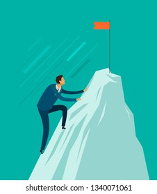 Businessman climb to the top of the mountain. Achieving goal, business concept. Vector illustration