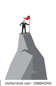 Businessman climb to the top of the mountain holding a flag. Concept of leadership, achievement and challenge of corporate world. Vector illustration.