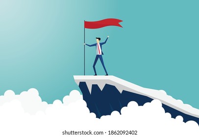 Businessman climb to the top of the mountain. Leader holding a flag announcing success on the cliff and reach the goal. Business concept of leadership. Achievement, Vision 