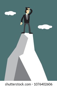 Businessman climb to the top of the mountain to look for a new target. Concept of leadership and challenge of corporate world.Vector illustration.