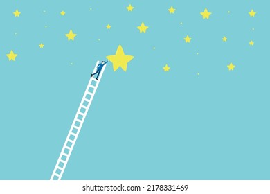 Businessman Climbed High Up On Stairs, Holds The Biggest Star. Reaching Goal Concept