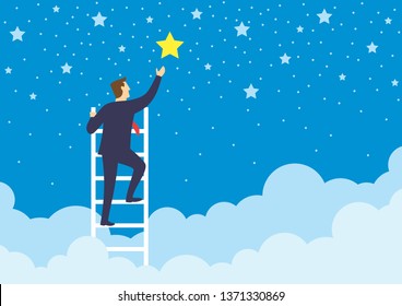 Businessman Climbed High Up Stairs To Reaching Out For The Stars, Growth Of Business Concepts And Awards Of Success, Flat Design Vector Illustration