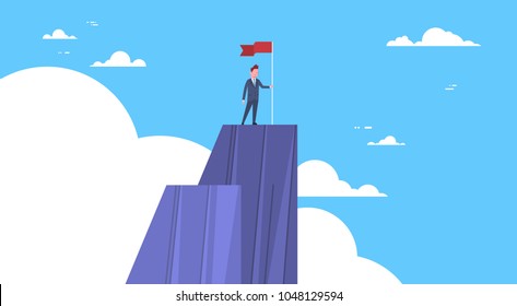 Businessman Climbed Mountain, Leader Businessman On Top Concept Of Win And Success
