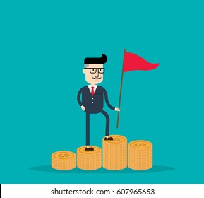 Businessman climbed a mountain of money coins and set a red flag. Business concept.