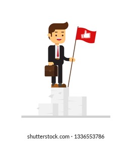 Businessman climbed a mountain of paper documents and set a red flag with sign Thumbs up