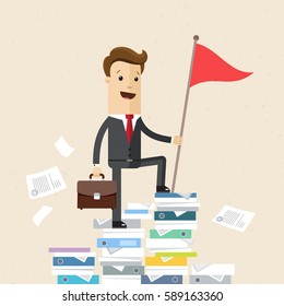 Businessman climbed a mountain of paper documents and set a red flag. Business and finance concept. Vector, illustration, flat.