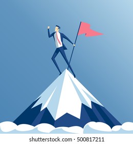Businessman climbed to the top of the mountain and enjoys victory. Employee hoisted to the peak of the flag and rejoice success, business concept