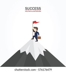 Businessman climbed to the top of the mountain and enjoys success. Success concept.