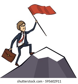 Businessman climbed to the top of the mountain and enjoys victory. Employee hoisted to the peak of the flag and rejoice success, business concept