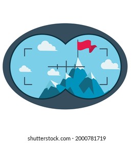 businessman climbed to the top of the mountain with a flag and looking into the spyglass, employee is on a mountain top and holding a flag, business concept of success and search opportunities