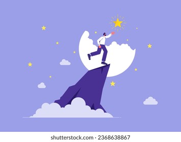 Businessman climbed to the top of the mountain to reach the big star, achieve goals, success, career growth and dreams concept