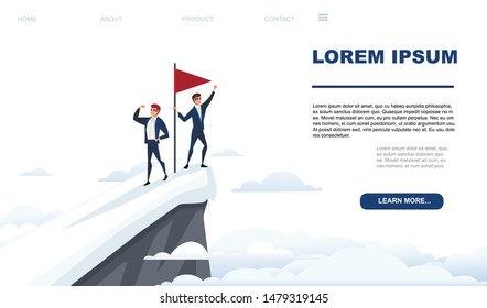 Businessman climbed to the top of the mountain team work concept red flag on snowy mountain peak with clouds landscape flat vector illustration