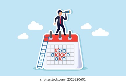 Un hombre de negocios está escalando un calendario de agenda con una escalera mientras usa un telescopio, ilustración de una visión para crear un horario de negocios efectivo y eficiente.