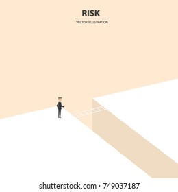 A businessman climbing to another land for the future growth. Business concept of opportunities, challenge, vision and future. Vector illustration.