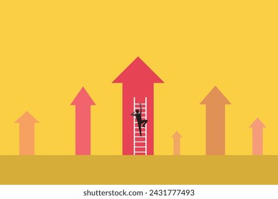 Businessman climbing arrow on to the top. Stock market price rising up in bull market. concept of ambition, confidence and success