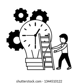 businessman climbing bulb with stairs