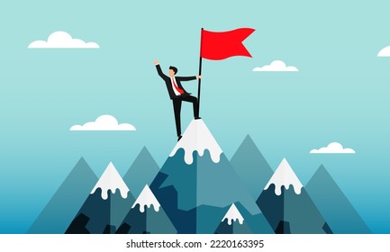 Businessman climbing for business success goals That requires effort to fight along the way to encounter obstacles in the competition in order to flag success.