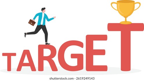 Businessman is climbing by the stairs that made of letters of the word TARGET, toward the corresponding sign.

