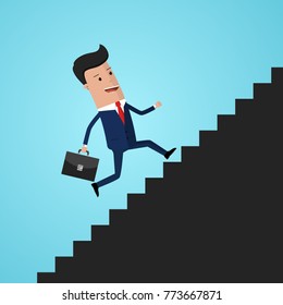 Businessman is climbing career ladde. Human in a suit with a briefcase runs down stairs. Staircase to success. Concept business growth. Vector illustration