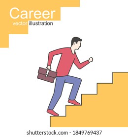 Businessman is climbing career ladder. Business growth concept. Concept development. Vector illustration flat design. Step by step. Human in suit with briefcase runs down stairs.