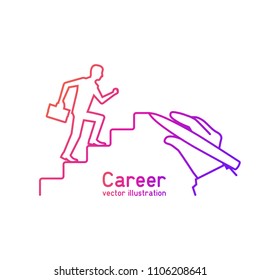 Businessman is climbing career ladder minimal design color outline. Hand drawing stairs up. Concept of business development. Vector illustration isolated on white background. Step by step.