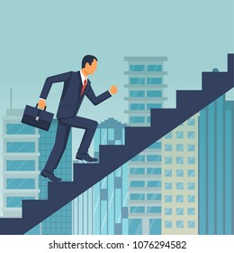 Businessman Is Climbing Career Ladder On Background Of A Big City. Concept Development. Vector Illustration Flat Design. Step By Step. Human In A Suit With A Briefcase Runs Down Stairs.