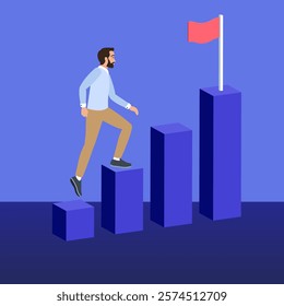 Businessman is climbing career ladder, overcoming obstacles and striving for success, achieving goals and objectives