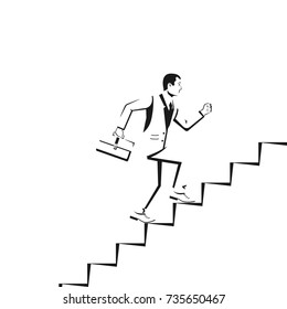 Businessman is climbing career ladder silhouette. Concept development. Vector illustration flat minimal line design. Isolated on background. Step by step. Human in suit with briefcase runs down stairs
