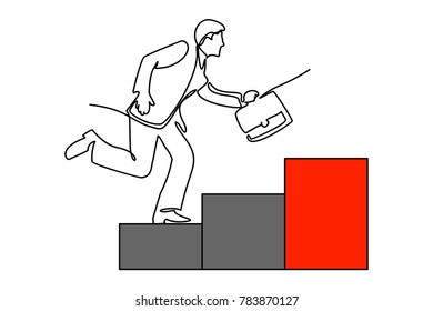 Businessman is climbing career ladder silhouette. Concept development. Vector illustration flat minimal line design. Isolated on background. Step by step. Human in suit with briefcase runs down stairs