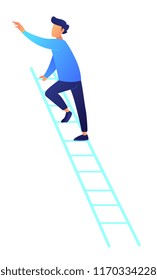 Businessman climbing up career ladder vector illustration. Career promotion and growth strategy, success and career goal, new opportunities and leadership concept. Isolated on white background.