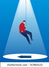 Businessman climbing caves to find hidden arrows