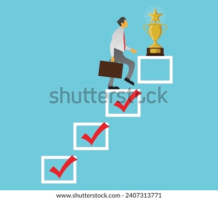 Businessman climbing checklist-shaped stairs leading to a trophy. Success motivation vector flat illustration.