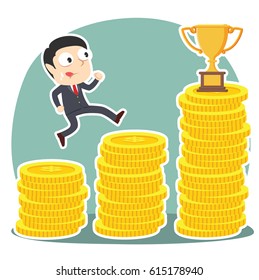 businessman climbing coin stairs to trophy