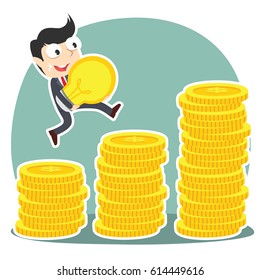 businessman climbing coin stairs while carrying idea