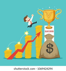 Businessman climbing coins stair get money and trophy, success concept money