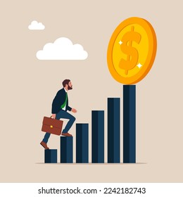 Businessman climbing up diagram with special shortcut to success. Get rich fast or strategy to achieve target. Modern flat vector illustration.