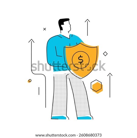 Businessman climbing graph, protects the shield. growth charts Success, growth rates. Line icon illustration