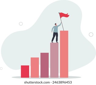 businessman climbing growth bar graph to the top to stab down winning flag.flat vector illustration.