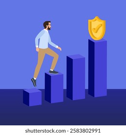 Businessman climbing a growth chart to reach a golden shield with a check mark, symbolizing security, achievement, and business success