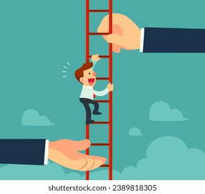 Businessman climbing high ladder with supported by helping hands. Insurance business concept.