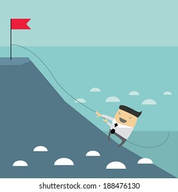 Businessman Climbing Hill. Hard Work, Business Success Concept. Vector Illustration